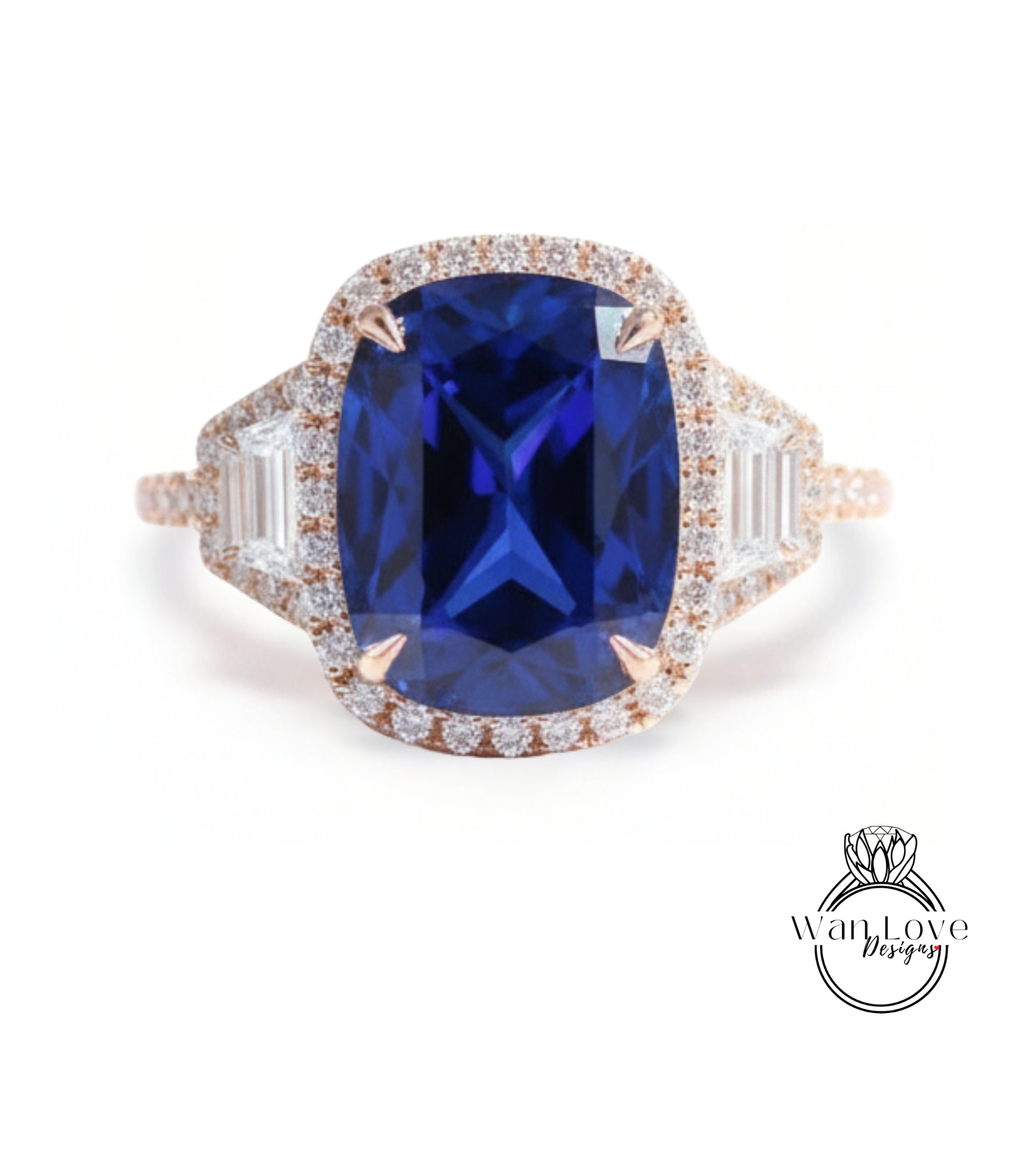 A large, blue gemstone ring with a halo of smaller diamonds around the center stone.