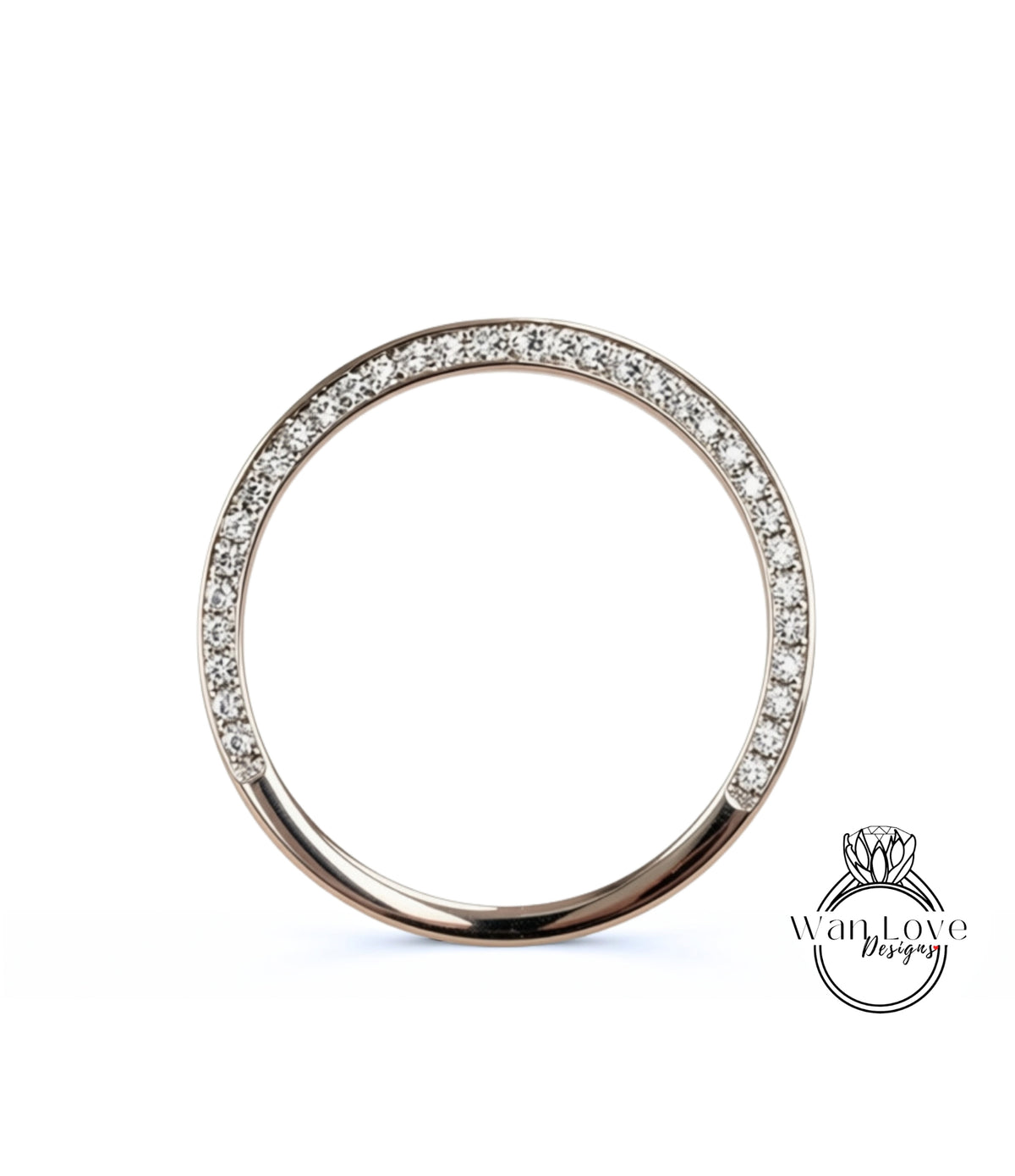 A silver ring with a row of small diamonds set in the center.