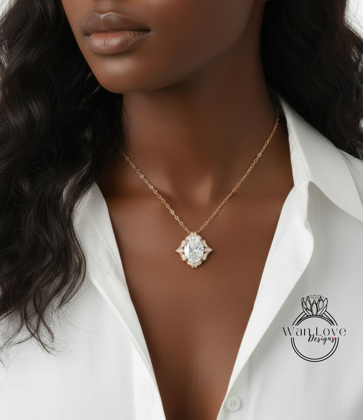 A close-up of a woman's neck and chest wearing a gold necklace with a large oval-shaped diamond pendant.