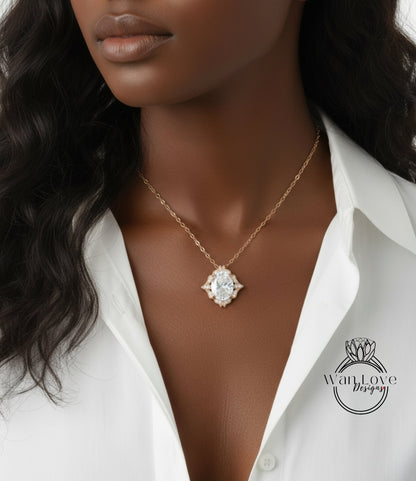 A close-up of a woman's neck and chest wearing a gold necklace with a large oval-shaped diamond pendant.