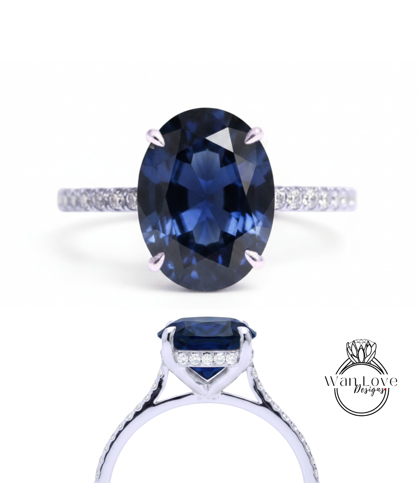A close-up view of a diamond engagement ring with a large oval-shaped blue gemstone set in a silver band.
