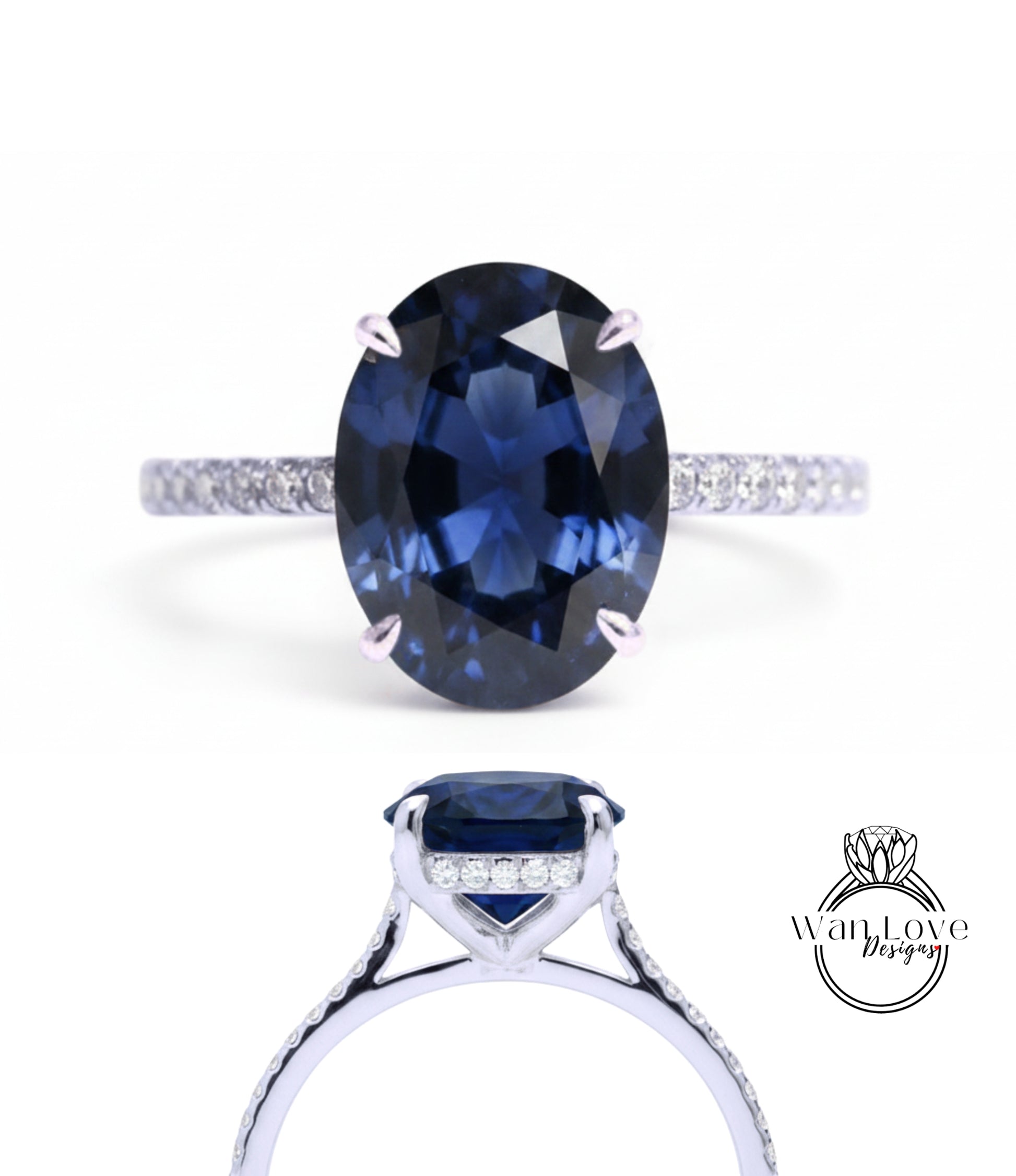 A close-up view of a diamond engagement ring with a large oval-shaped blue gemstone set in a silver band.