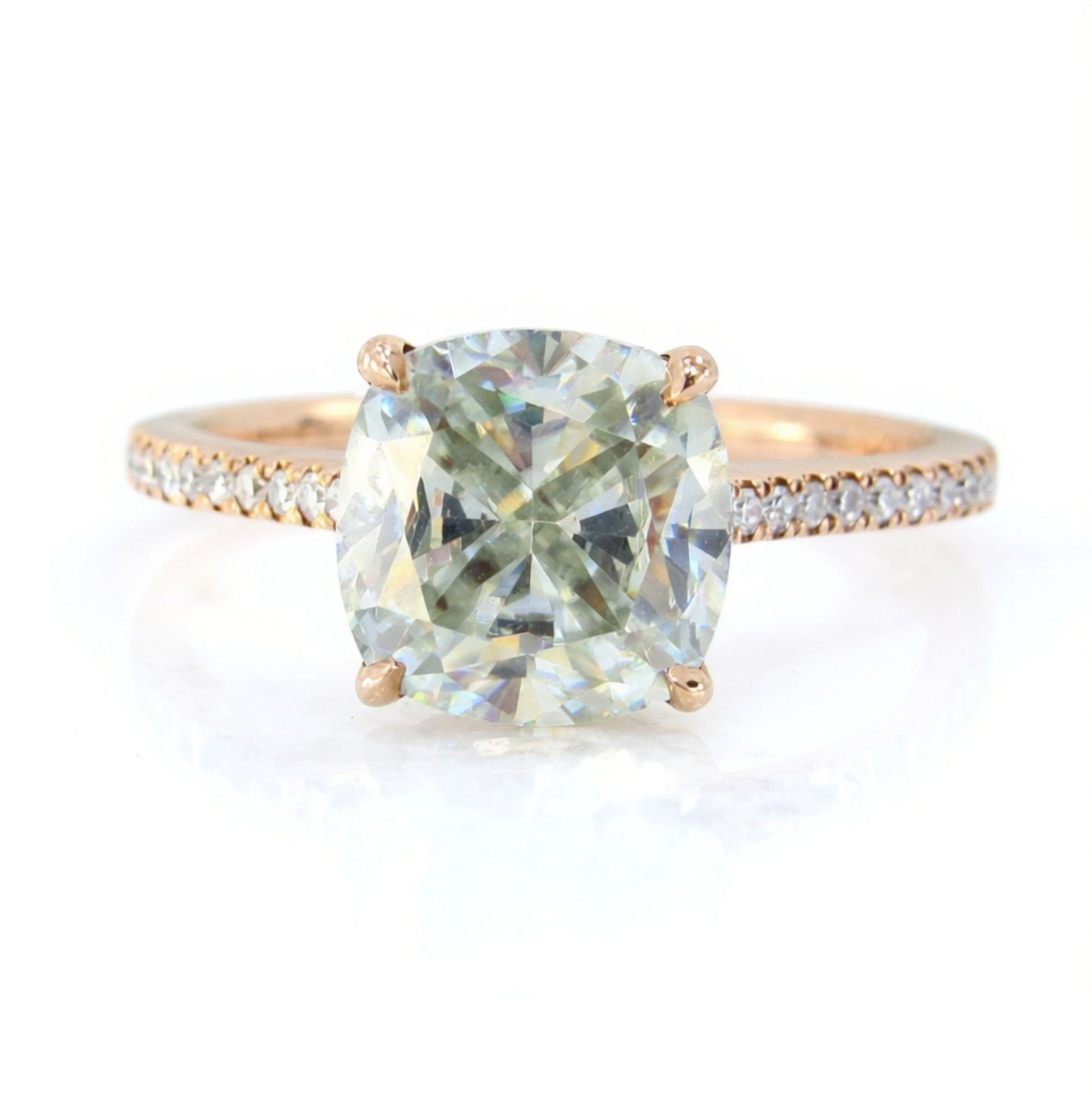 Moissanite & Diamond Cushion Side Halo Engagement Ring-Hidden-Floating-Champagne-2.5ct-8mm-Custom-Wedding-Anniversary Gift-Ready to Ship Wan Love Designs