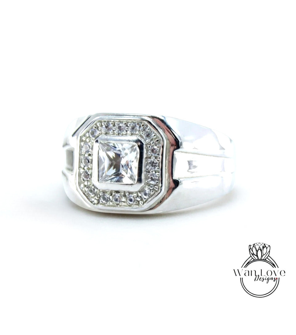 Ready to Ship White Sapphire Mens Wedding Ring Bands Ring Princess Halo .5ct Custom vintage Unique engagement ring mens wedding ring band