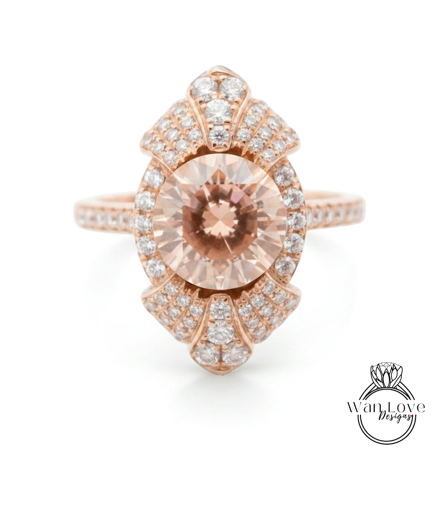 a beautiful rose gold ring with a large, round, light pink gemstone at the center. The ring is adorned with numerous small diamonds around the edges, creating a stunning and elegant design.