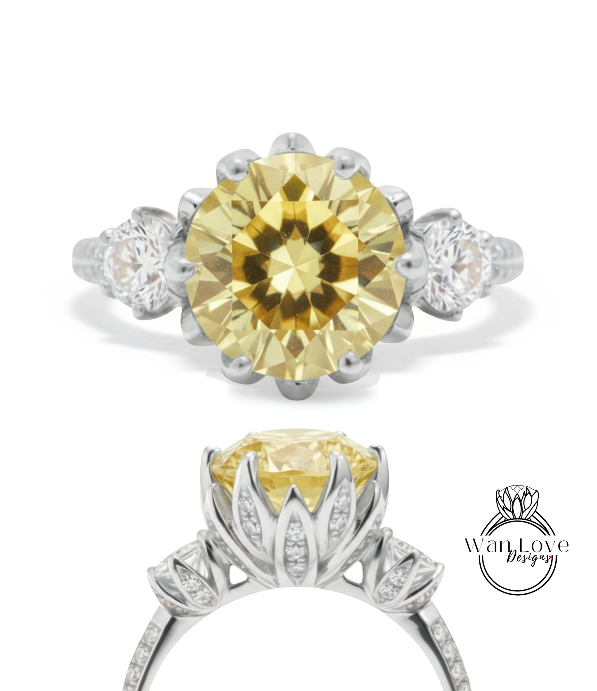 a beautiful yellow diamond ring with a large central diamond surrounded by smaller diamonds on either side. The ring is set in a silver band with a floral design.