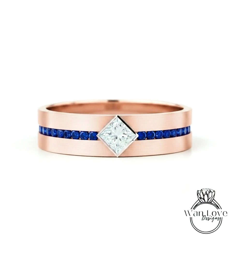 Diamond Mens Wedding Band, Princess Cut kite Set Diamonds Mens Wedding Band, Solid Gold 10k/14k/18k Wedding Ring, Mens Birthstone Ring