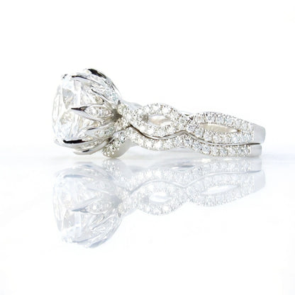 Ready to Ship Lotus Flower White Sapphire & Moissanite Infinity Twist Shank Engagement Ring Set, Nesting Wedding Band, 3ct 9mm Custom, Gift Wan Love Designs