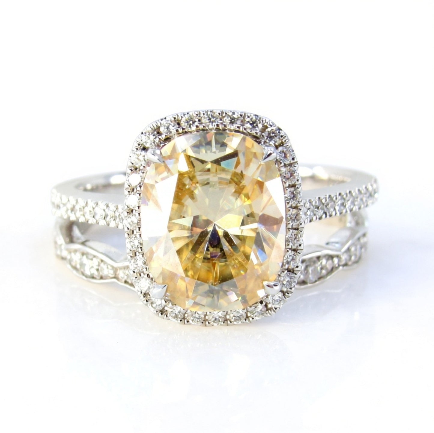 Champagne Yellow Moissanite Diamond Elongated Cushion Halo Engagement Ring Set Scalloped Wedding Band Long-4ct-10x8mm-Custom-Ready to Ship Wan Love Designs