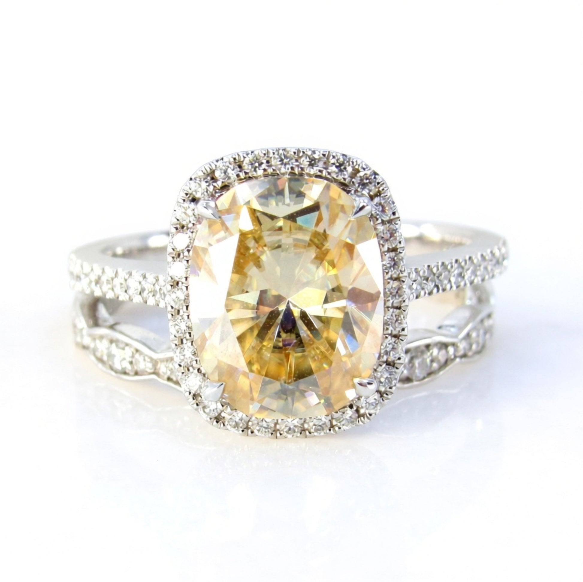 Champagne Yellow Moissanite Diamond Elongated Cushion Halo Engagement Ring Set Scalloped Wedding Band Long-4ct-10x8mm-Custom-Ready to Ship Wan Love Designs