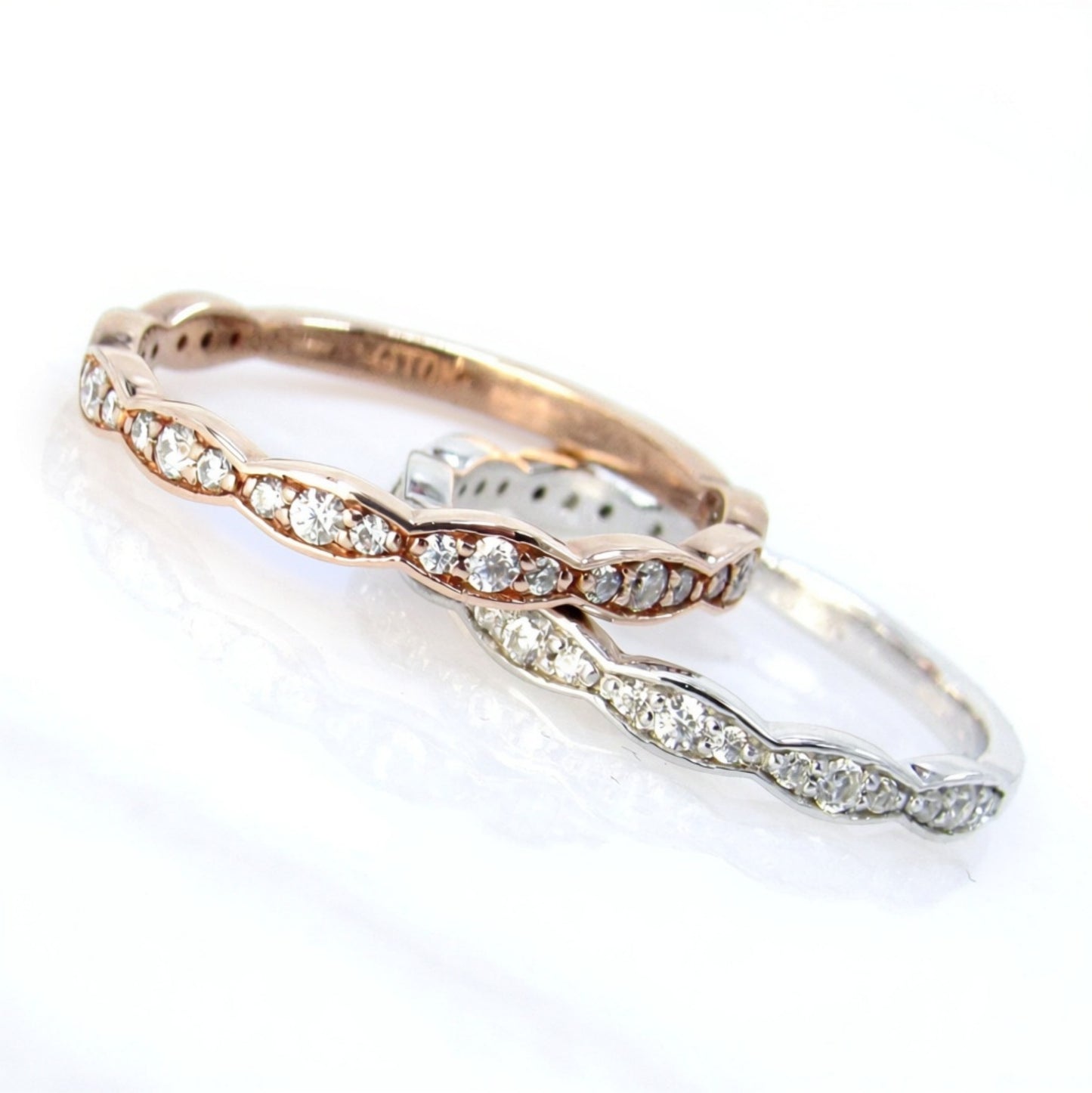 Moissanite Scalloped Smooth Edge Almost Eternity Moissanite Wedding Band Ring White or Rose bridal Anniversary wedding ring Gift for her Wan Love Designs