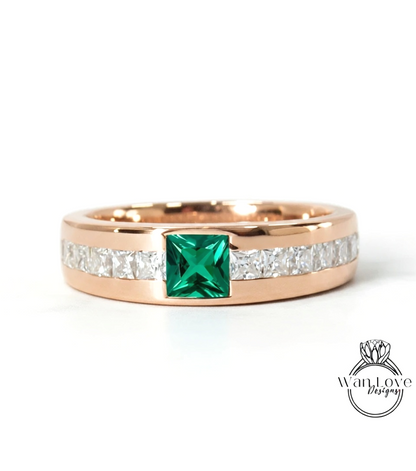 Mens Emerald Diamond Wedding Band | Princess Cut Green Emerald Band | Solid Gold Mens Ring | Mens Princess Cut Green Emerald Birthstone Ring