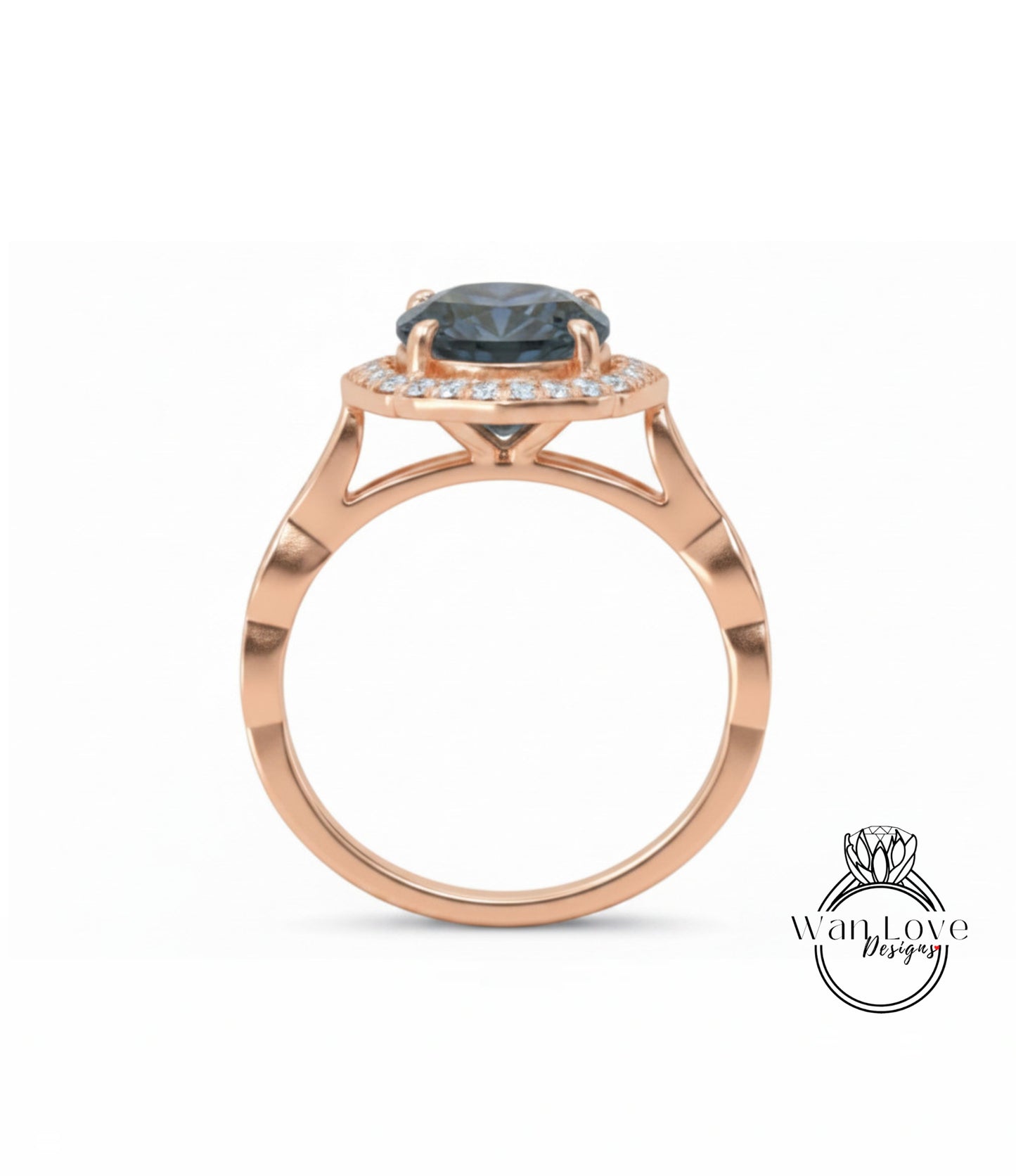 A rose gold ring with a large blue gemstone set in the center, surrounded by smaller diamonds.