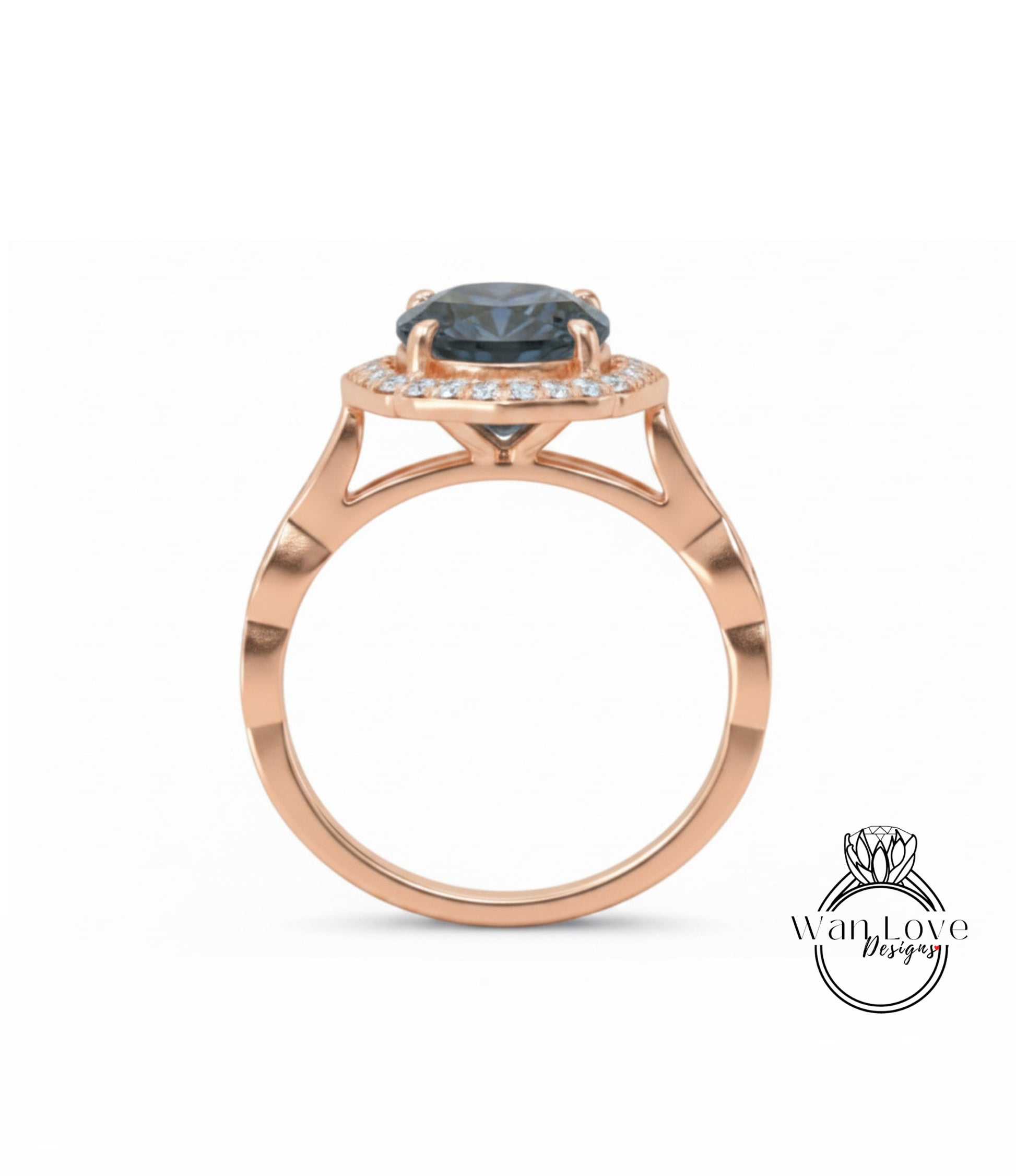 A rose gold ring with a large blue gemstone set in the center, surrounded by smaller diamonds.