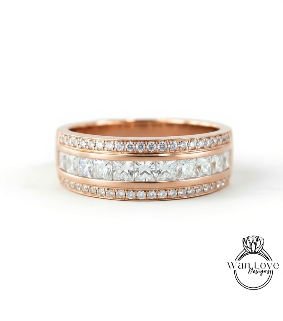 Mens Diamond Wedding Band, Princess Round cut Moissanite Mens Wedding Ring, Lab Diamond Mens Wedding Band, 10k/14k/18k Mens Birthstone Band