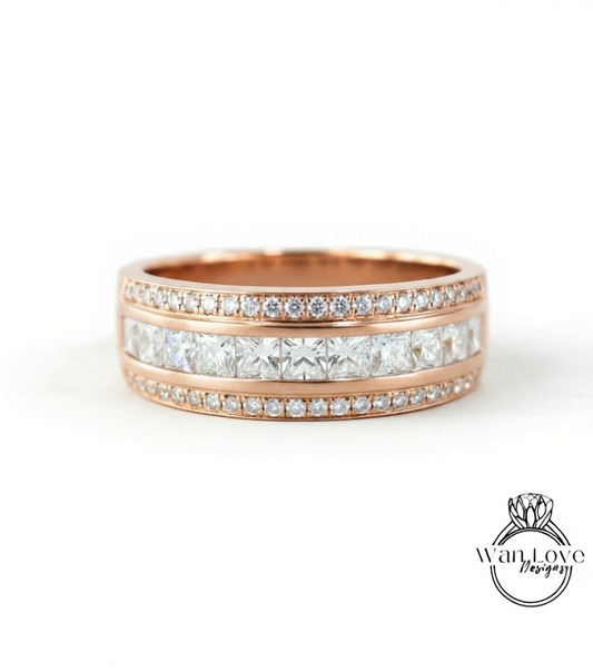 Mens Diamond Wedding Band, Princess Round cut Moissanite Mens Wedding Ring, Lab Diamond Mens Wedding Band, 10k/14k/18k Mens Birthstone Band