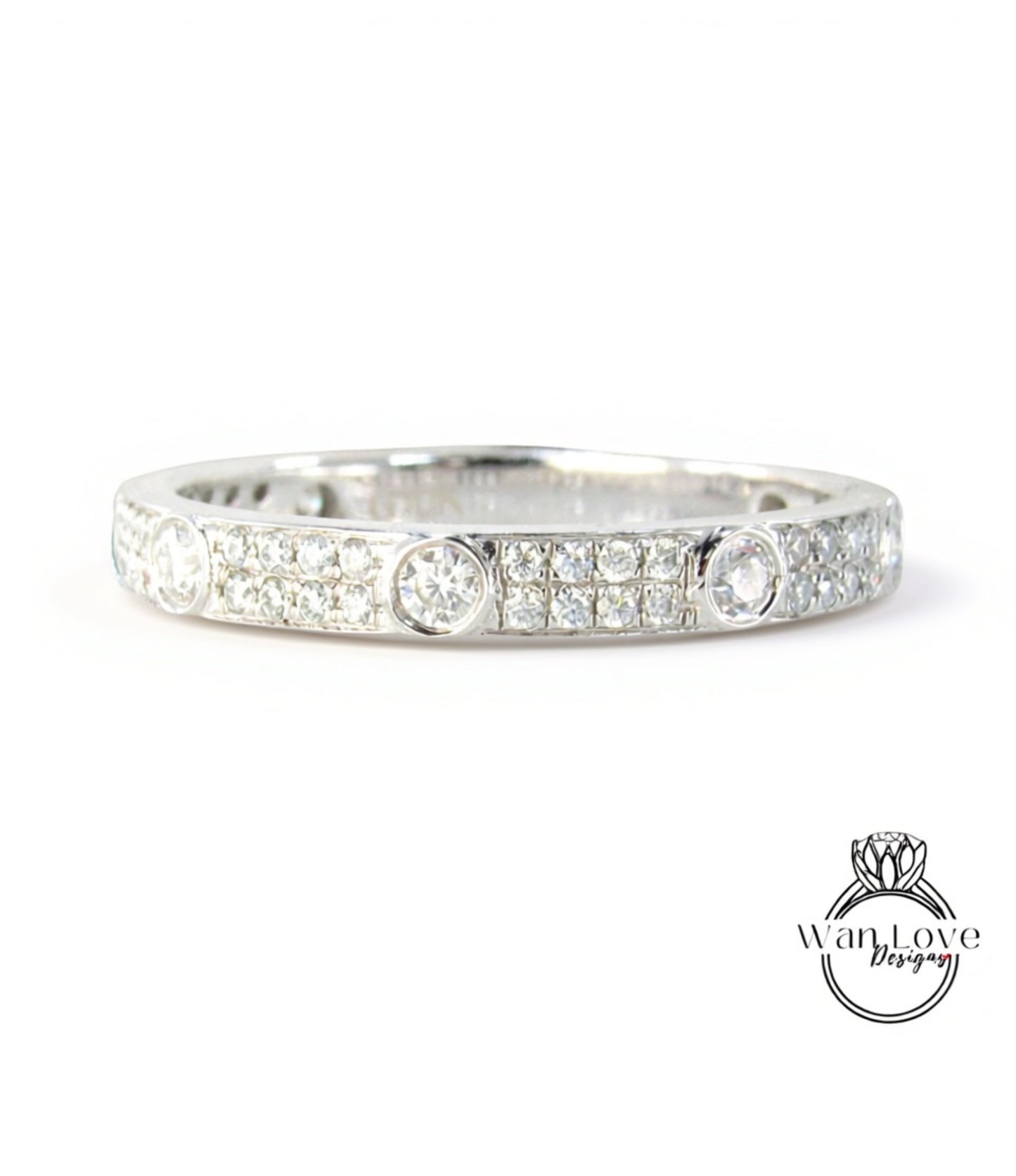Fede nuziale Moissanite vintage Solido Oro bianco Quasi Eternità Fascia abbinata unica lunetta a 2 file Anello da sposa impilabile Promessa Anniversario