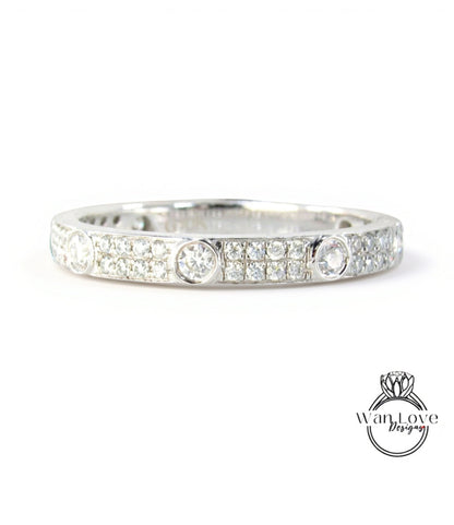 Fede nuziale Moissanite vintage Solido Oro bianco Quasi Eternità Fascia abbinata unica lunetta a 2 file Anello da sposa impilabile Promessa Anniversario