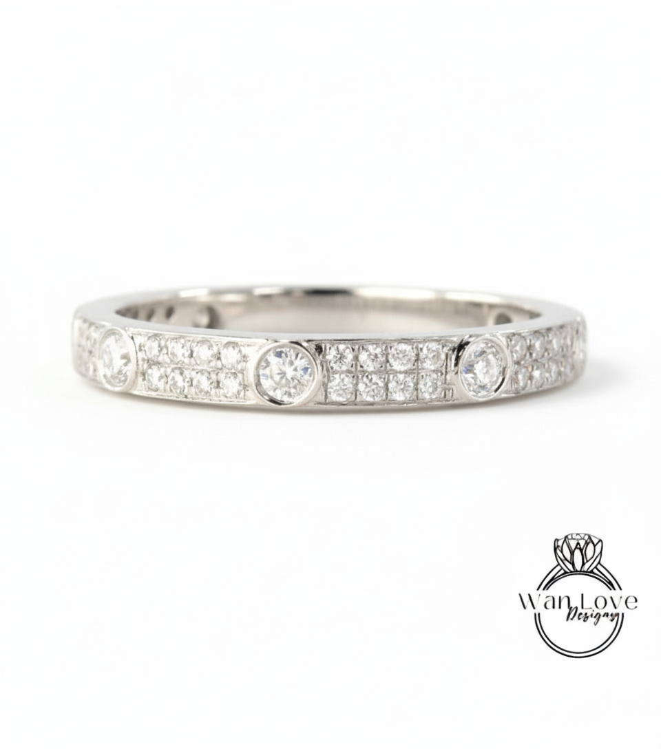Fede nuziale Moissanite vintage Solido Oro bianco Quasi Eternità Fascia abbinata unica lunetta a 2 file Anello da sposa impilabile Promessa Anniversario