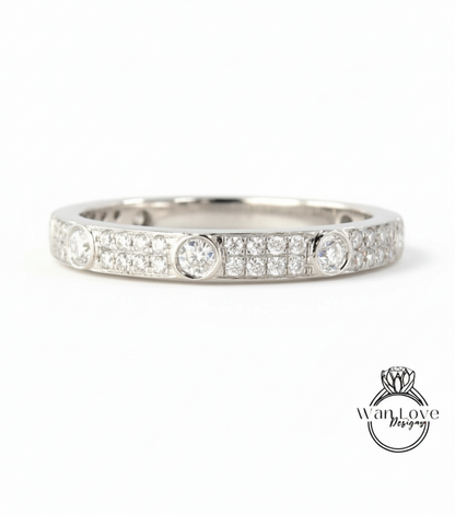 Fede nuziale Moissanite vintage Solido Oro bianco Quasi Eternità Fascia abbinata unica lunetta a 2 file Anello da sposa impilabile Promessa Anniversario
