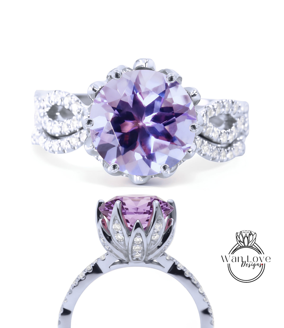 a beautiful ring with a large purple gemstone set in a silver band. The ring has a delicate floral design around the gemstone, adding an elegant touch to the overall design.