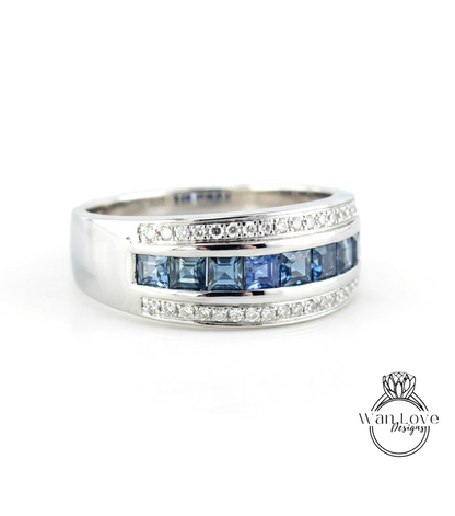 Diamond Men's Blue Sapphire Ring - Sapphire Ring Men - Sapphire Wedding Band - 3 row Band Sapphires - Unique Mens Band - Ring For Men -Ready