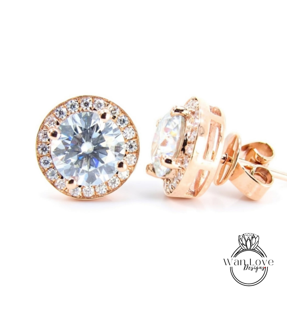 A pair of elegant gold earrings with a large, brilliant-cut diamond set in the center, surrounded by smaller diamonds.