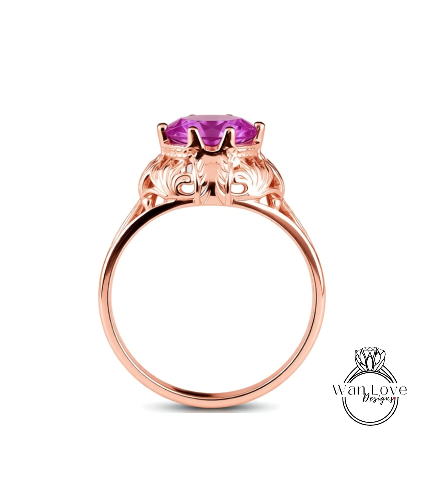 A rose gold ring with a large purple gemstone set in the center.