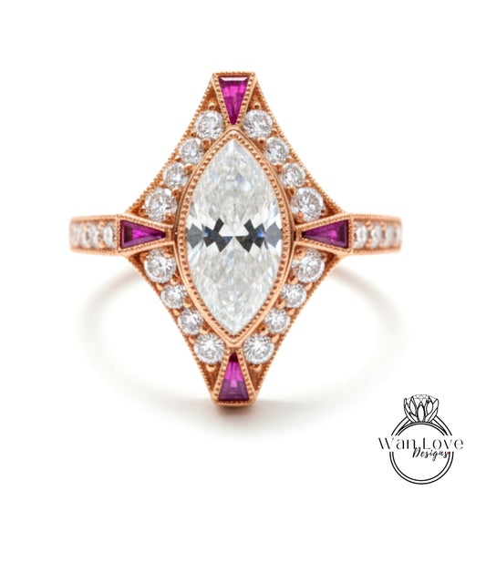 a beautiful diamond ring with a large central diamond surrounded by smaller diamonds and gemstones, all set in a rose gold band.