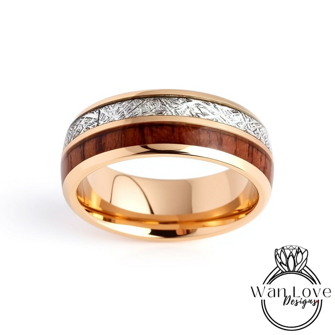 Mens Meteorite Tungsten Wedding Band, Whiskey Barrel Ring, 8mm Meteorite Rose Gold Mens Ring, Mens Promise Ring, Personalized gift for him Wan Love Designs
