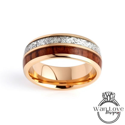 Mens Meteorite Tungsten Wedding Band, Whiskey Barrel Ring, 8mm Meteorite Rose Gold Mens Ring, Mens Promise Ring, Personalized gift for him Wan Love Designs