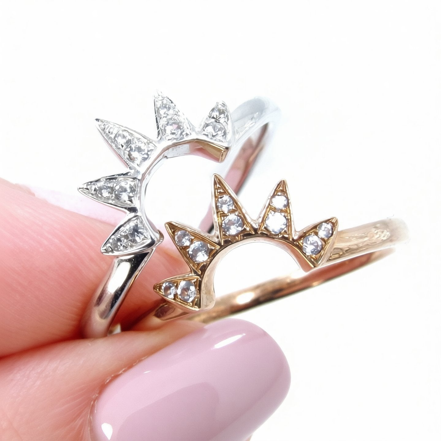 White Sapphire Starburst Wedding Band, Pointed Star Ring, Sunburst, Curved, Nesting, Rose Gold, White Gold, Custom, Engagement-Ready to Ship