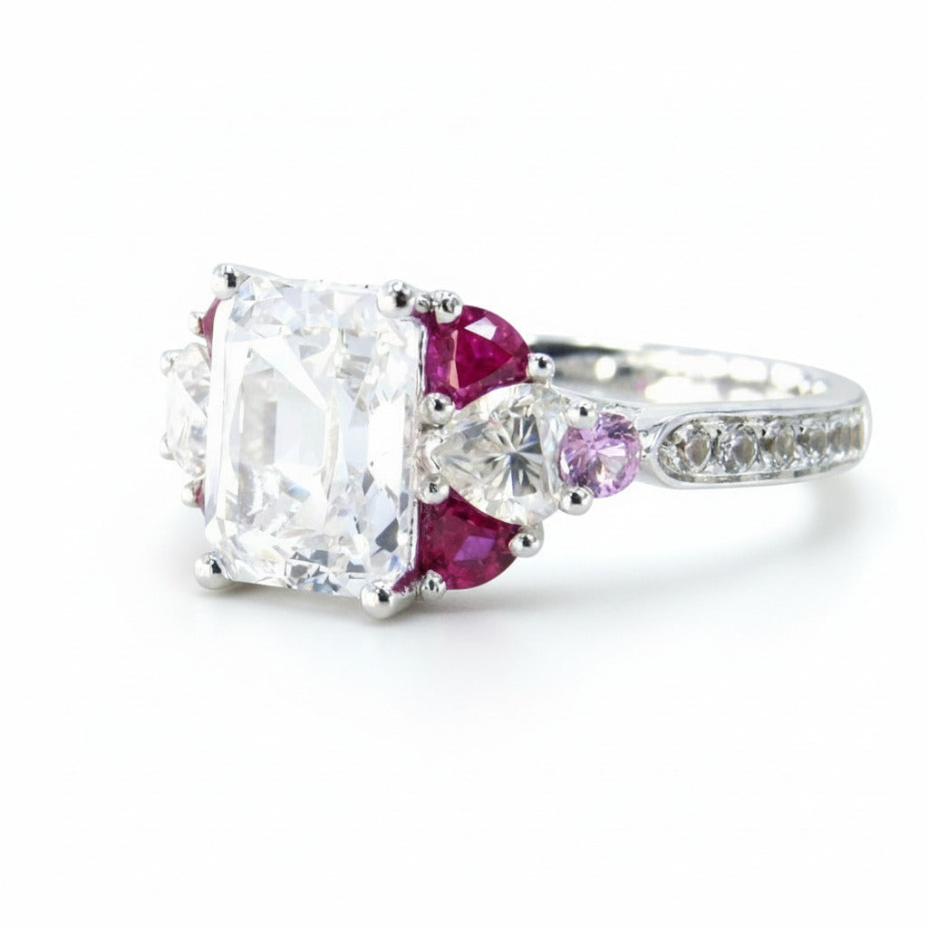 White Pink Sapphire Moissanite Ruby Emerald Round Heart Engagement Ring 3ct 9x7mm Custom Wedding White Gold Anniversary Gift-Ready to Ship