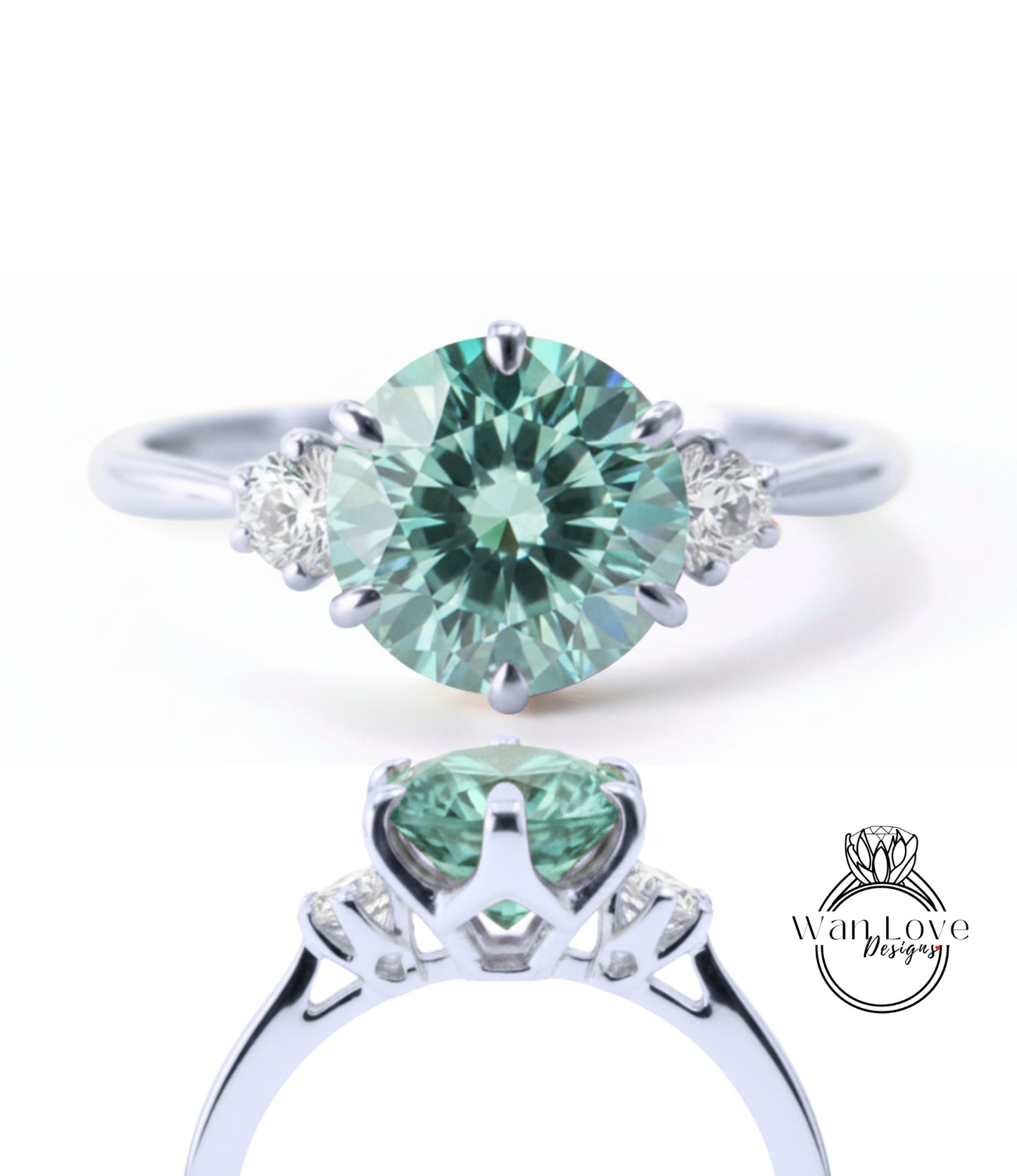 A silver ring with a large, round green gemstone set in the center, surrounded by smaller diamonds.