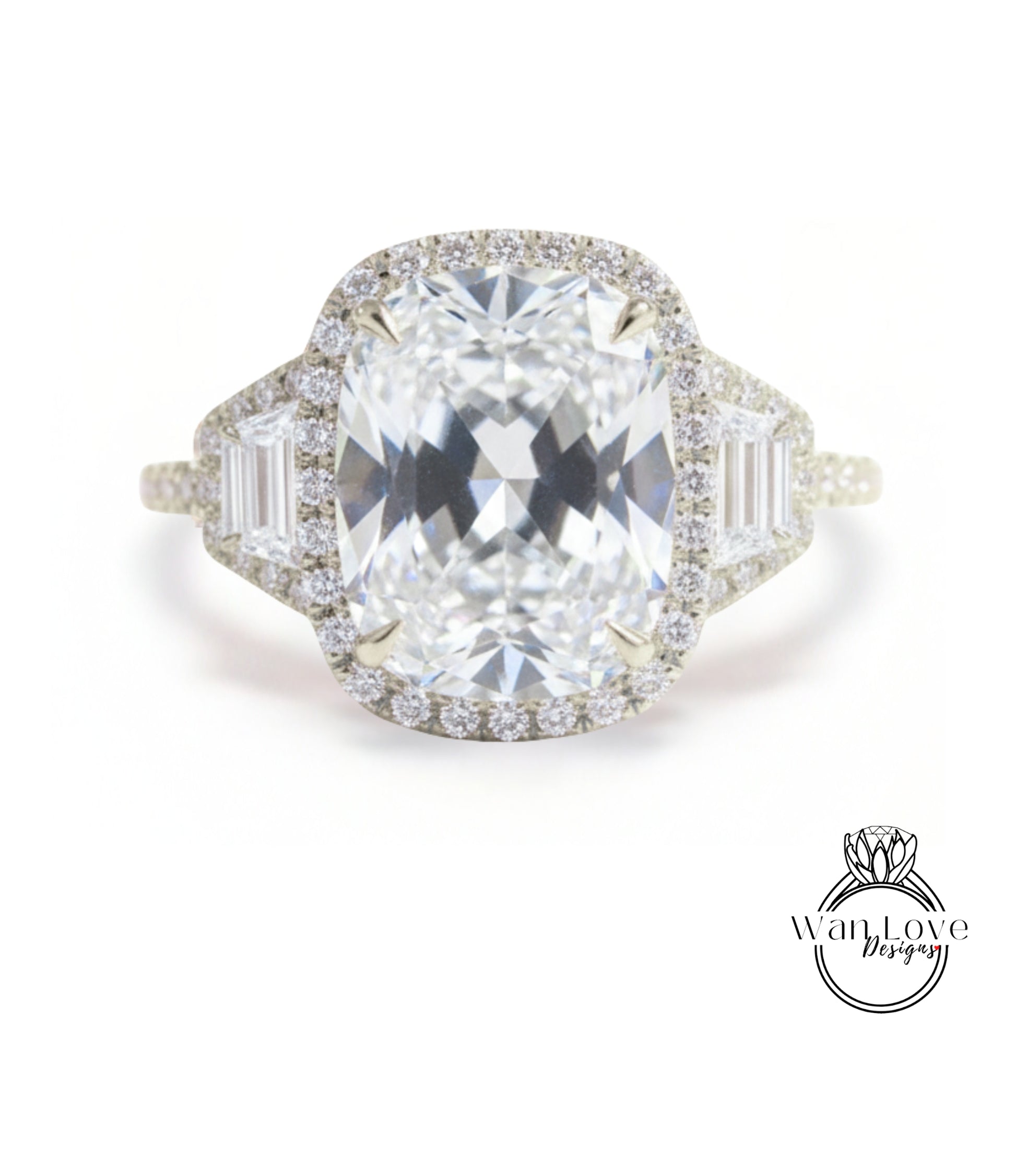 A large, clear diamond engagement ring with a halo of smaller diamonds around the center stone.