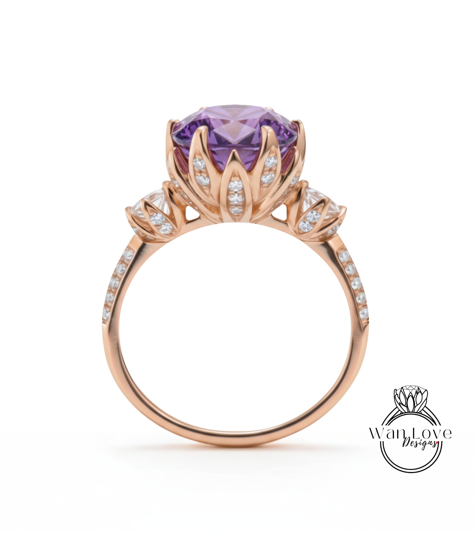 A gold ring with a large purple gemstone, likely an amethyst, surrounded by smaller diamonds.