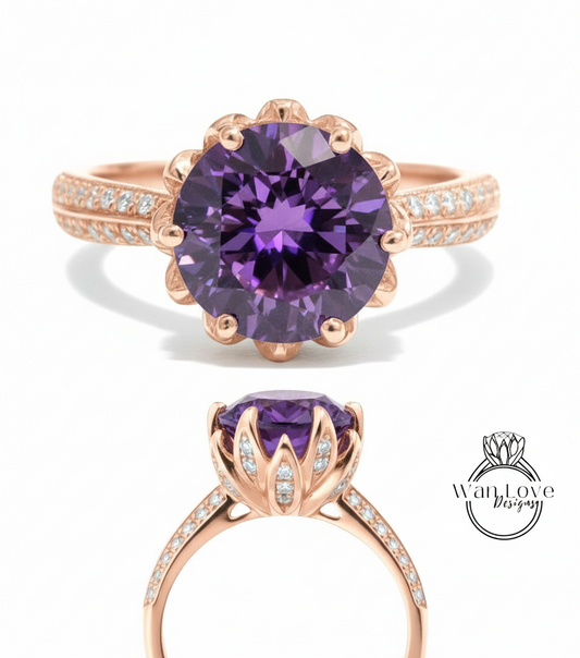 a beautiful rose gold ring with a large purple gemstone, likely a diamond, set in the center. The ring has a scalloped edge and is adorned with small diamonds around the band.