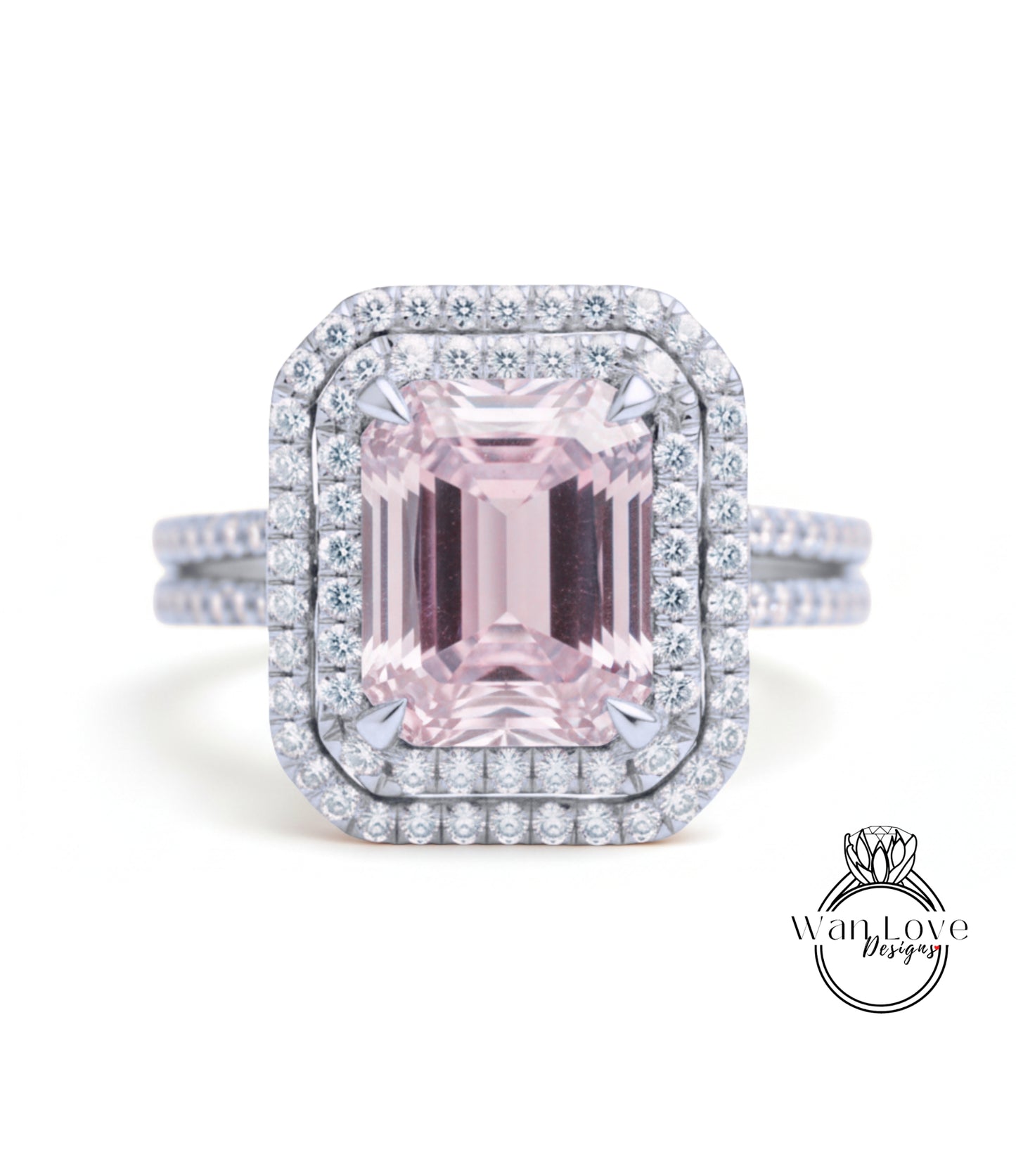 A stunning pink gemstone engagement ring with a halo of diamonds around it, set in a silver band.