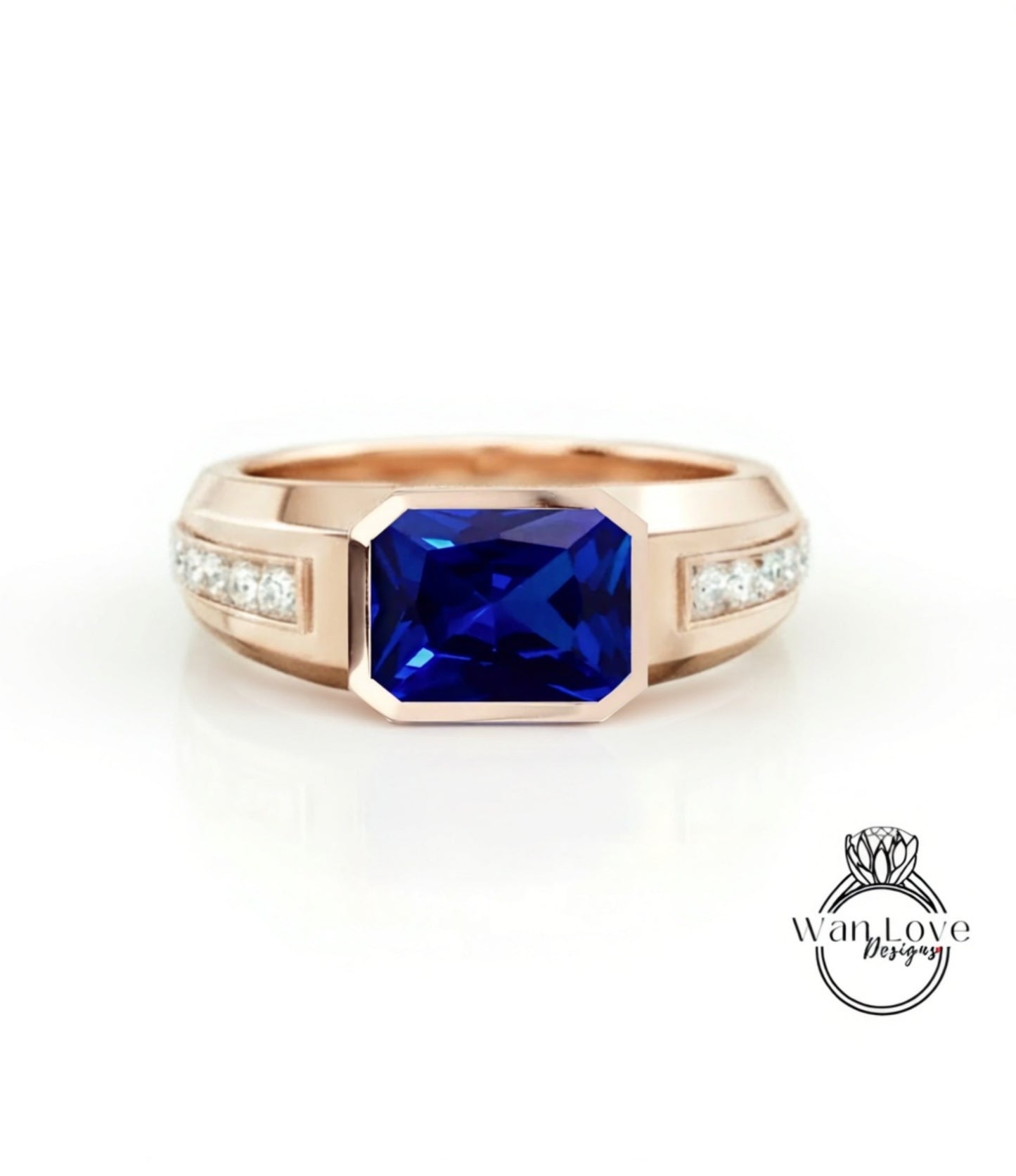 Mans Moissanite Ring | Emerald Moissanite Mens Wedding band | White Sapphire Ring 14k Gold | East West Solitaire Ring | Mens Wedding Ring