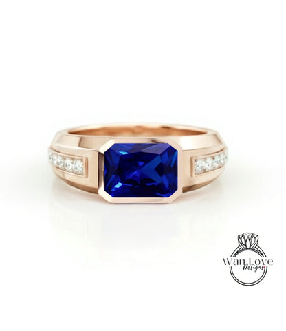 Mans Moissanite Ring | Emerald Moissanite Mens Wedding band | White Sapphire Ring 14k Gold | East West Solitaire Ring | Mens Wedding Ring