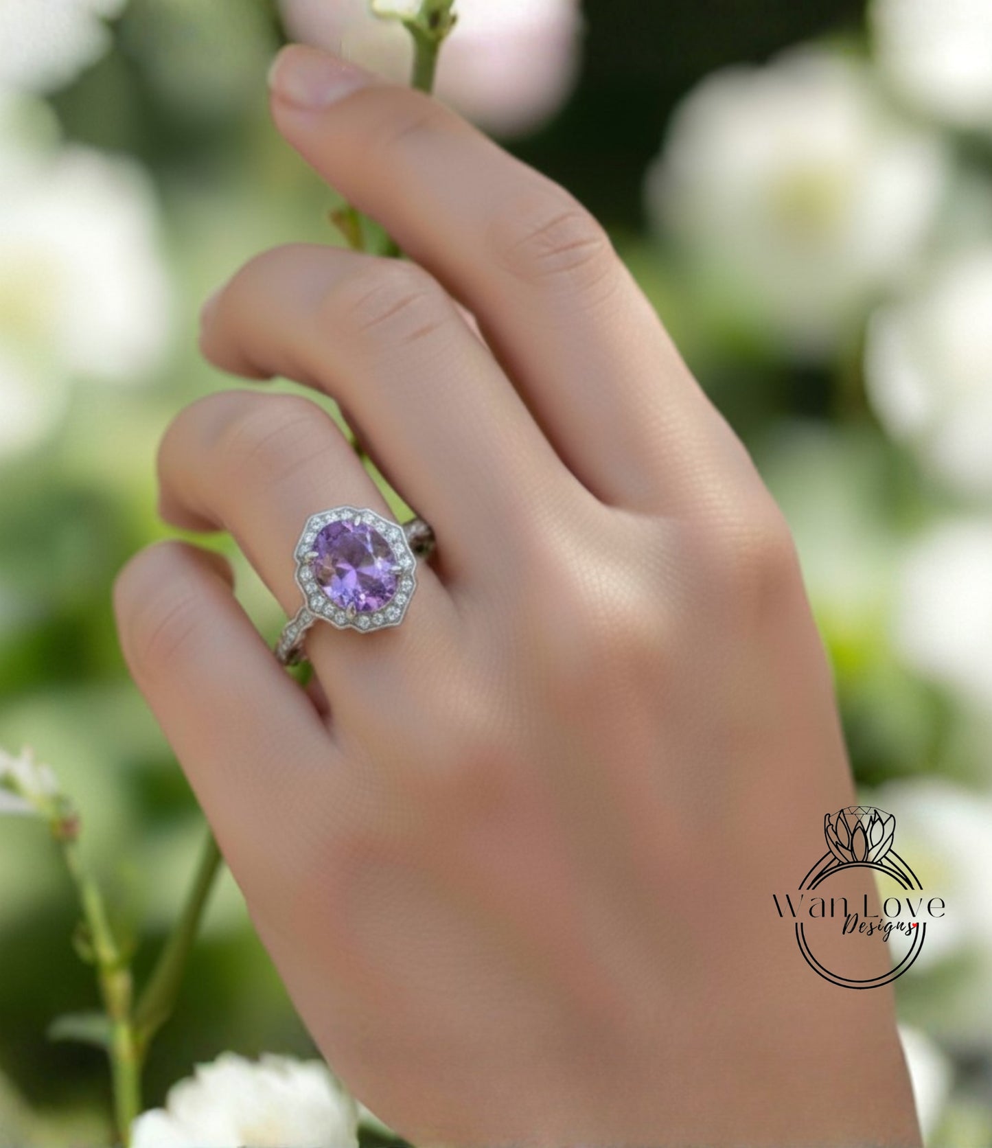 A close-up of a hand wearing a ring with a large purple gemstone, set in a silver band.