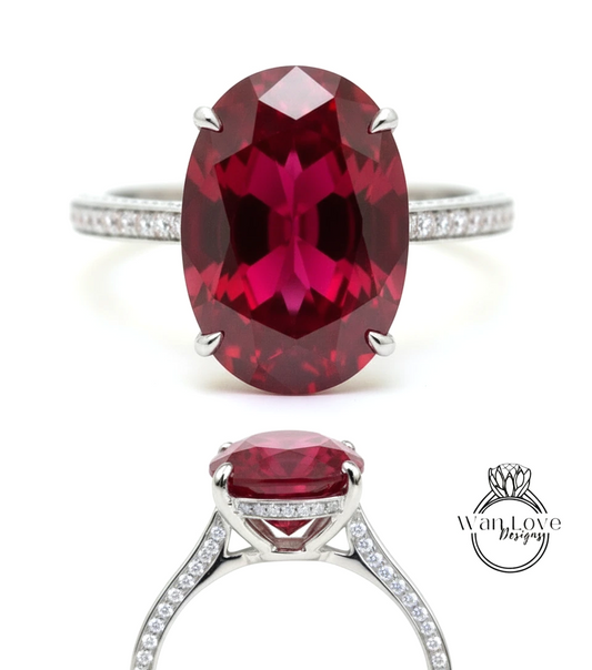 Ruby & Diamond Oval side halo 3 sided Almost eternity shank band Engagement Ring 14k/18k Rose White Gold, Celebrity Elongated Oval Bridal wedding Ring, Anniversary Gift