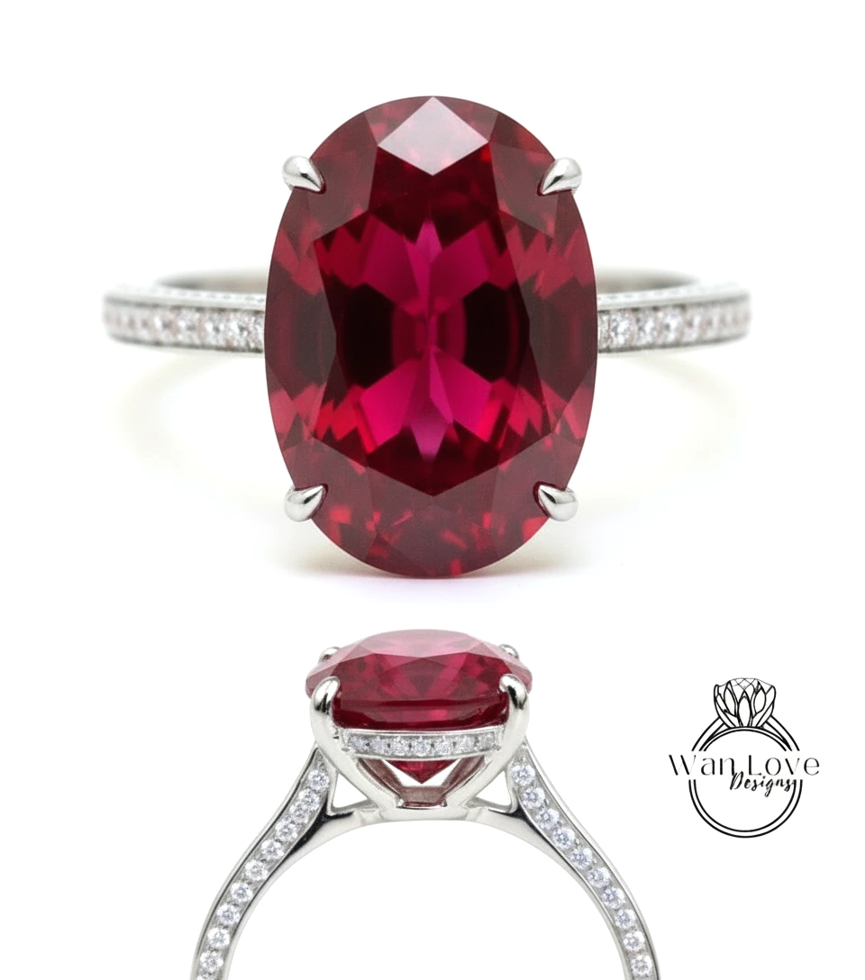 Ruby & Diamond Oval side halo 3 sided Almost eternity shank band Engagement Ring 14k/18k Rose White Gold, Celebrity Elongated Oval Bridal wedding Ring, Anniversary Gift