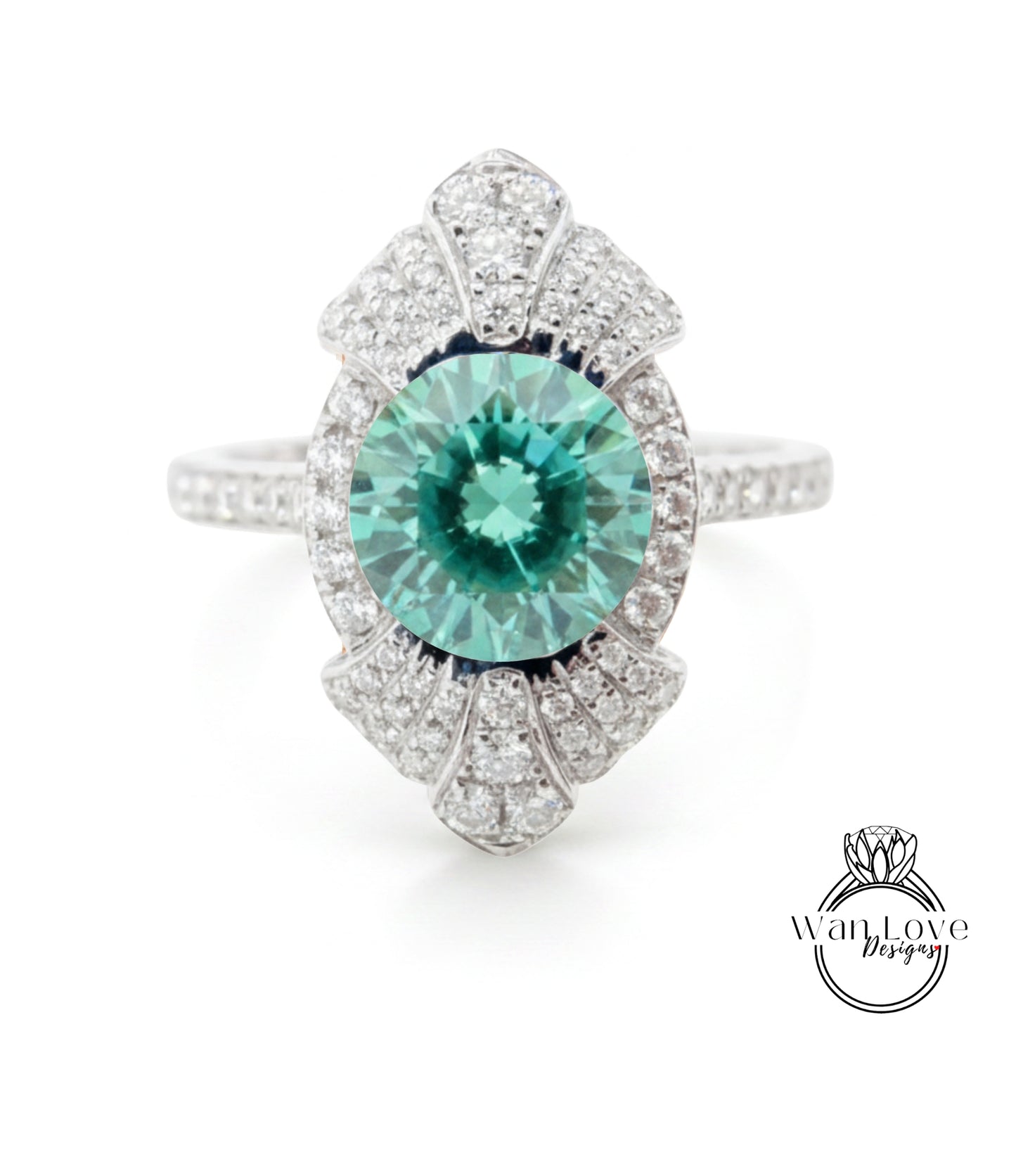 A stunning diamond ring with a large, round, green gemstone at its center, surrounded by a halo of smaller diamonds.