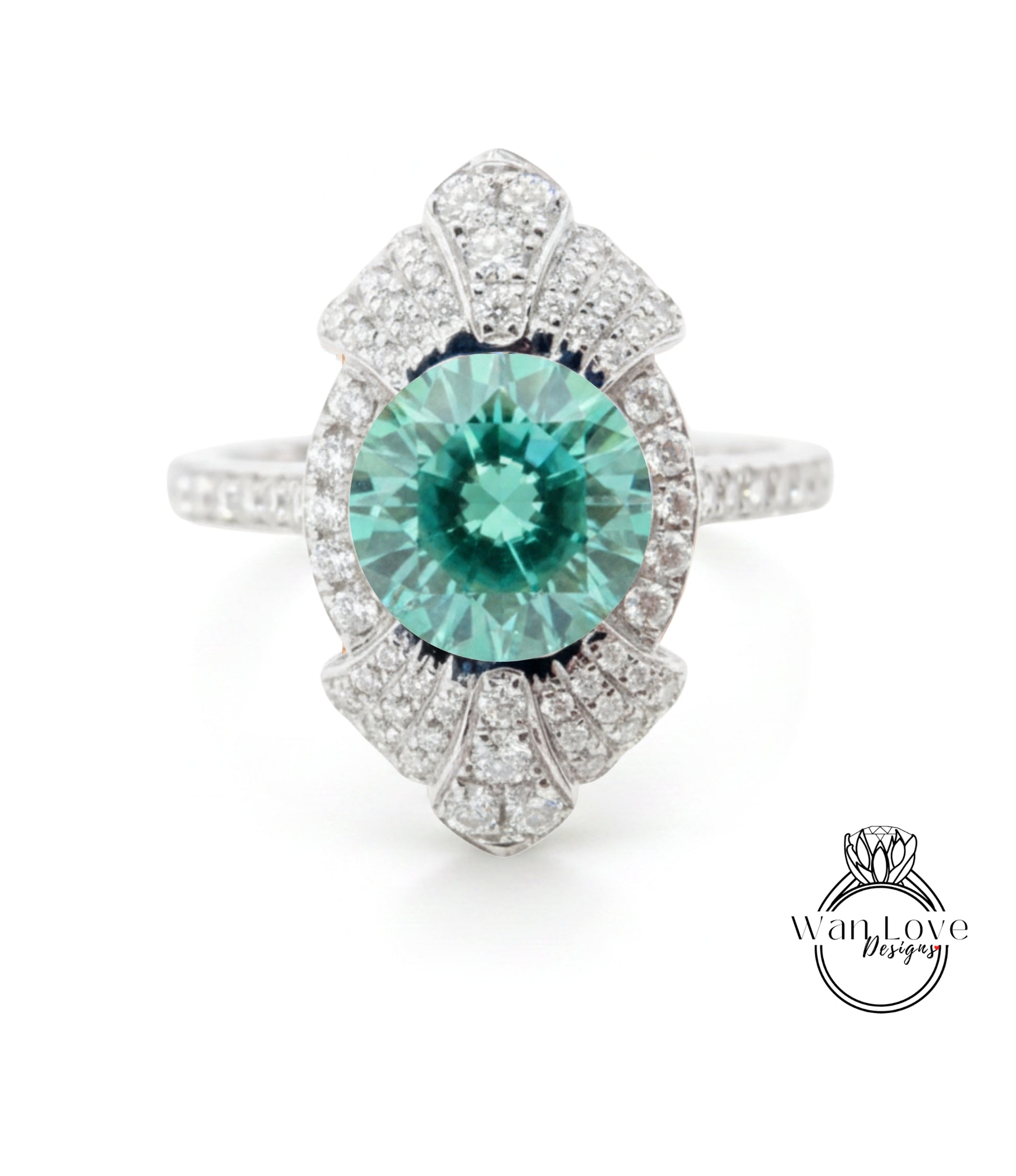 A stunning diamond ring with a large, round, green gemstone at its center, surrounded by a halo of smaller diamonds.