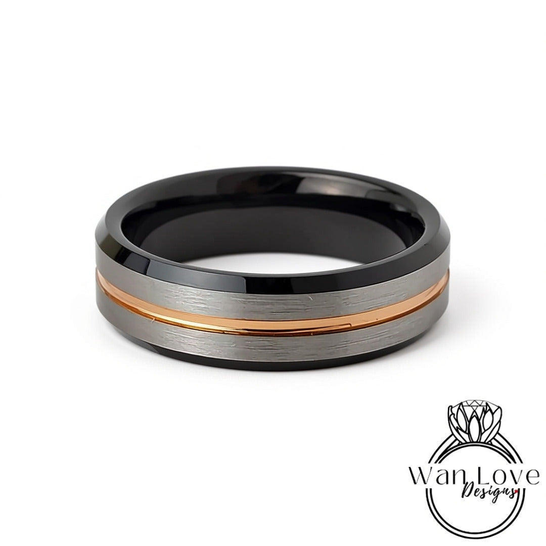 Rose Gold Black Tungsten Ring  - Mens Brushed Silver Beveled Wedding Band - Rose gold stripe, Mens 6mm Ring, Black Tungsten Wedding Ring Wan Love Designs