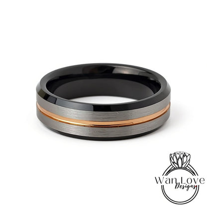Rose Gold Black Tungsten Ring  - Mens Brushed Silver Beveled Wedding Band - Rose gold stripe, Mens 6mm Ring, Black Tungsten Wedding Ring Wan Love Designs