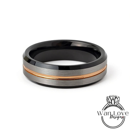 Rose Gold Black Tungsten Ring  - Mens Brushed Silver Beveled Wedding Band - Rose gold stripe, Mens 6mm Ring, Black Tungsten Wedding Ring Wan Love Designs