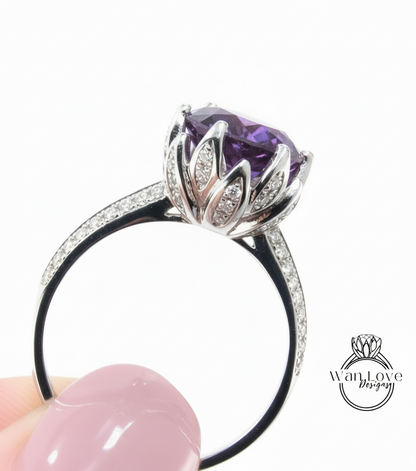 Alexandrite Sapphire engagement ring Lotus Flower Diamond rose gold ring unique diamond flower purple ring Anniversary promise bridal ring
