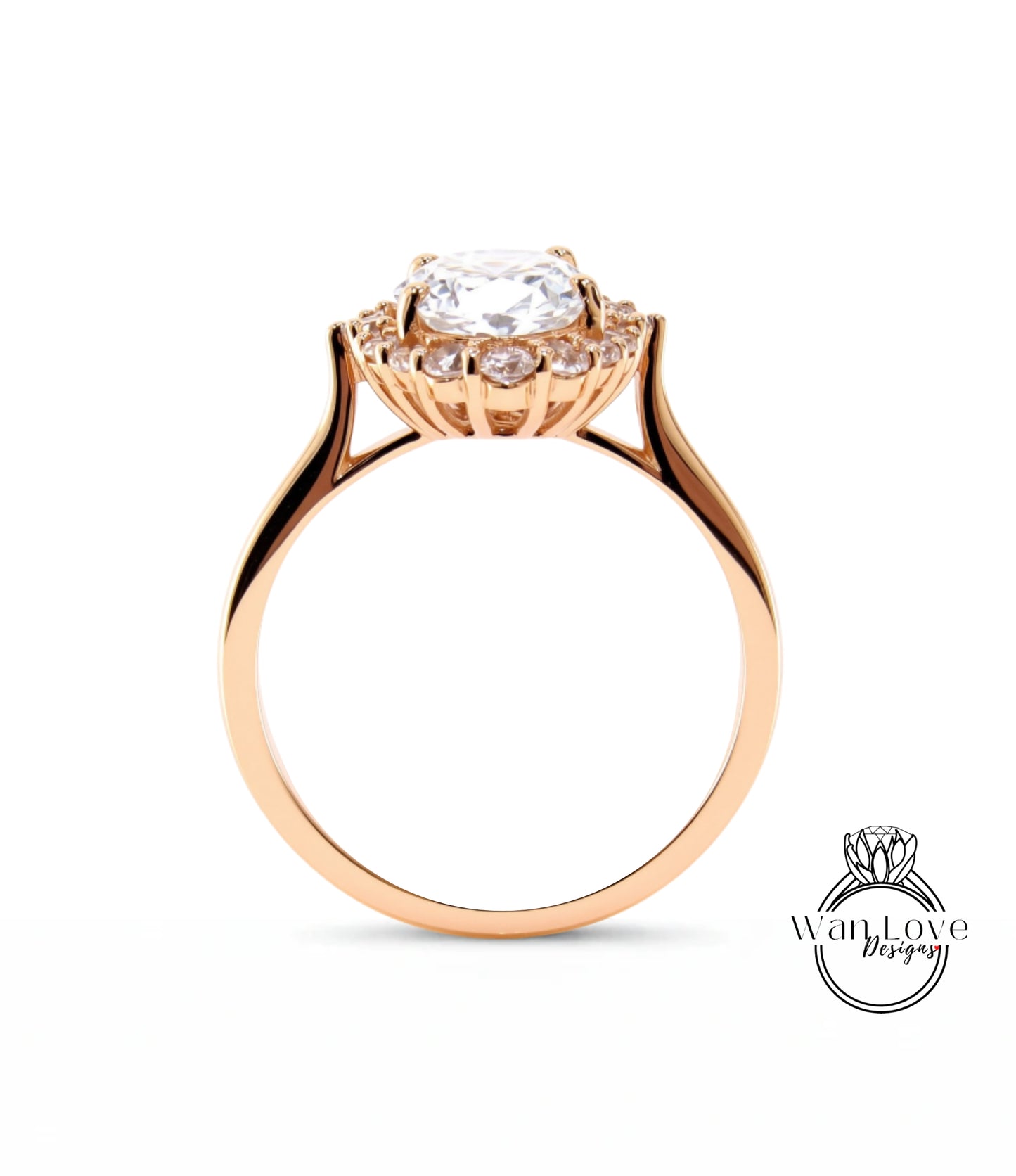 A gold ring with a large central diamond surrounded by smaller diamonds, set in a halo-like design.